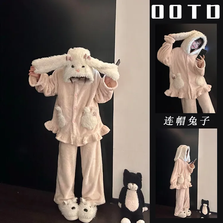 珊瑚绒兔耳连帽睡衣女秋冬季保暖学生可爱加绒加厚长袖家居服套装
