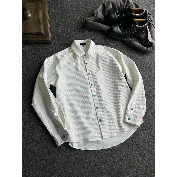 海洋松石长袖衬衫男款秋季肌理褶皱绿松石衬衣老钱风cleanfit外套