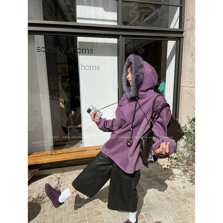 JCCC影子【软绒紫】紫色复古毛领连帽加绒套头卫衣JE5PBY10