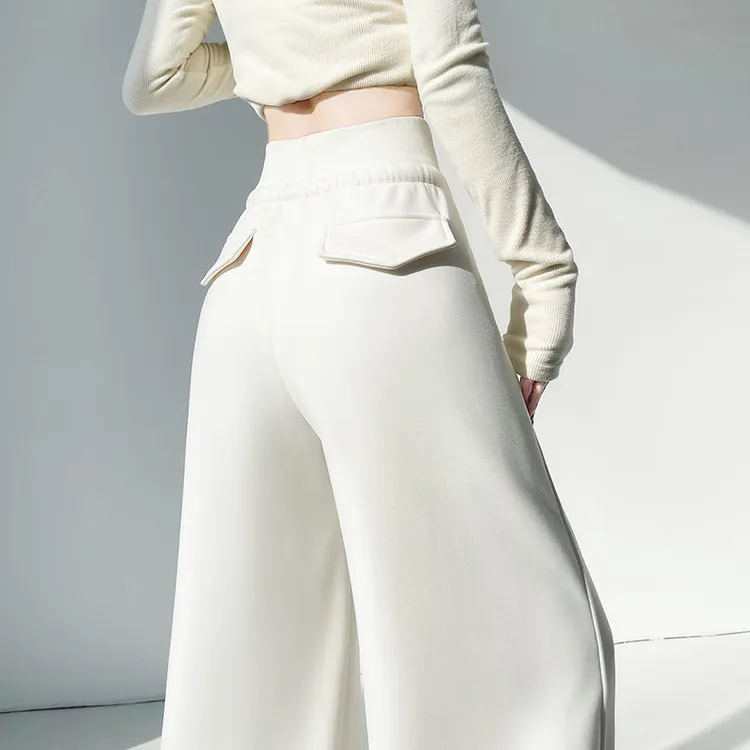 2025秋冬新款米白色加绒运动休闲阔腿裤卫裤直筒糯米裤女显瘦百搭