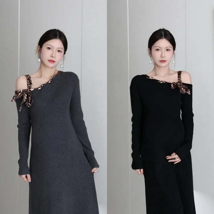 senenmu 【豹纹花语】新款斜肩露肩针织连衣裙豹纹丝巾显瘦孕妇可穿