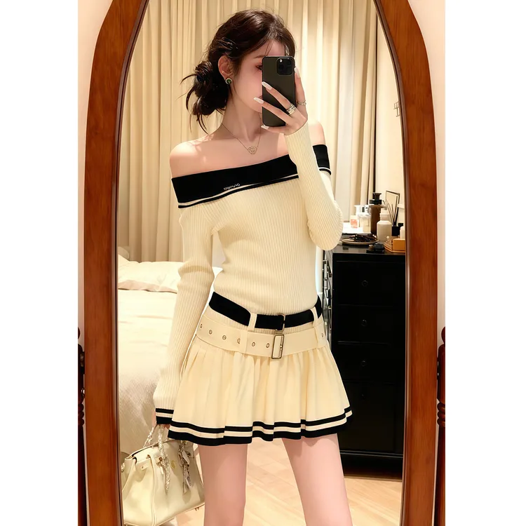 韩系高级感杏色针织内搭一字肩连衣裙子女2026新款秋冬绝美a字裙