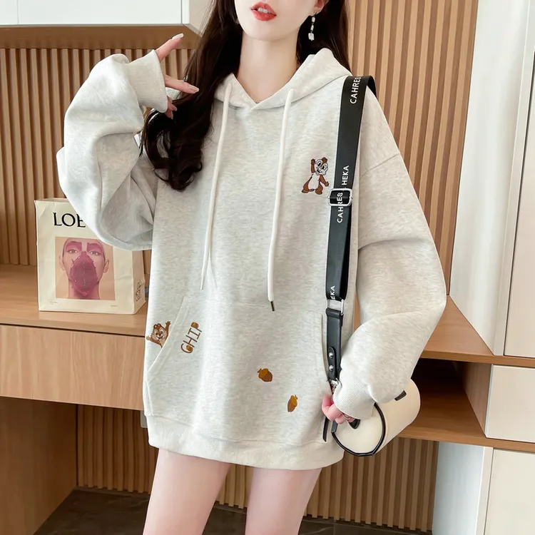 刺绣卡通连帽卫衣女2025新款慵懒松鼠可爱韩版设计宽松外套上衣潮