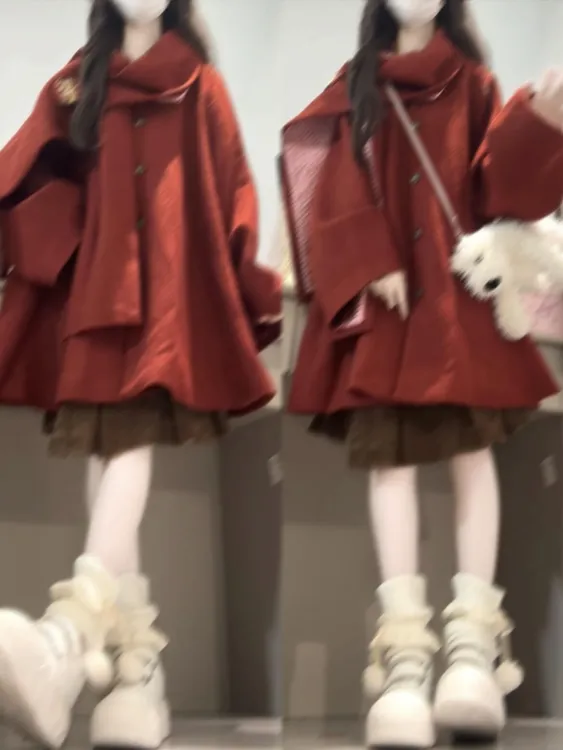 2025秋冬新款韩系气质甜美风毛呢斗篷外套女搭配半身裙显瘦两件套