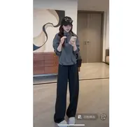 C09394新款简约宽松减龄小众百搭小个子线条半拉链连帽卫衣