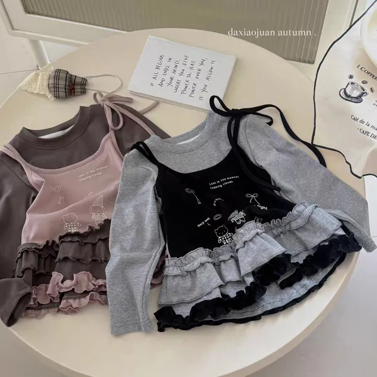 巴拉韩范女童宝宝秋季卡通假两件吊带花边长袖T恤打底衫新款时尚