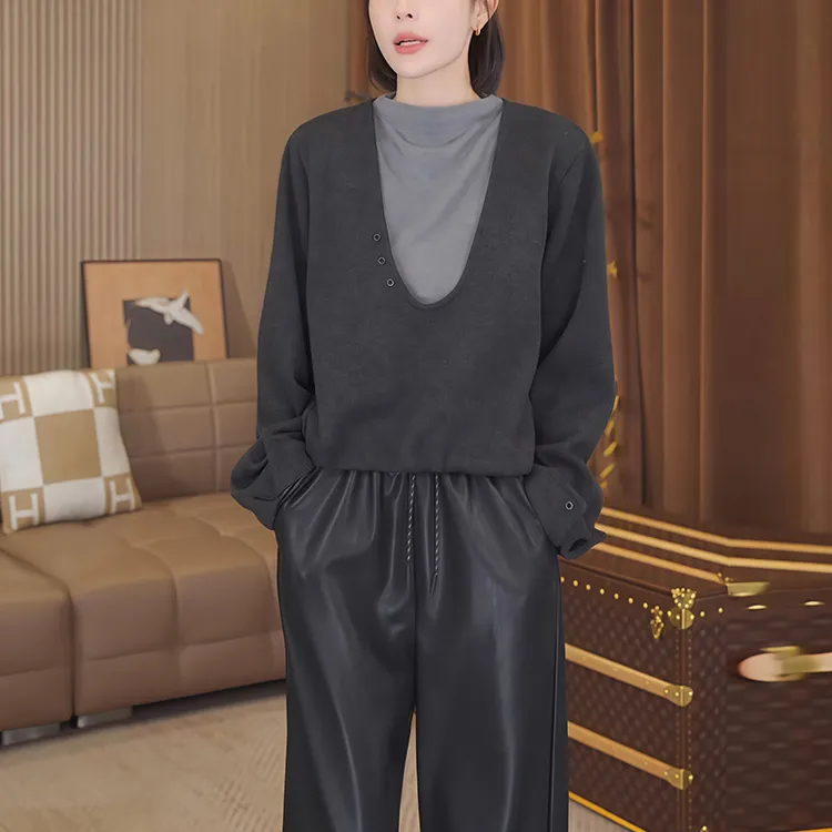 韩版设计感拼接高领假两件卫衣女装秋冬新款宽松洋气通勤百搭上衣