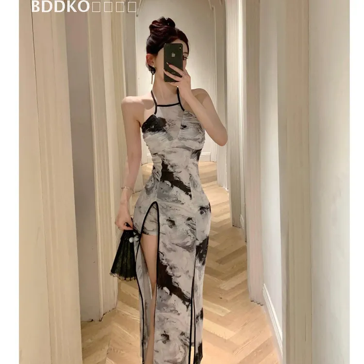 LACAH复古水墨印花新中式改良旗袍挂脖开衩连衣裙配短裤夏季套装