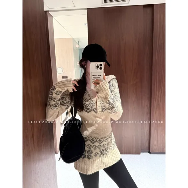 PEACHZHOU 羊毛混纺粗针冰岛纱提花针织衫气质修身翻领半系扣毛衣