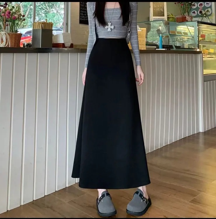 沐！冬季加厚毛呢高腰A字半身裙长款侧拉链鱼尾显瘦百搭裙子