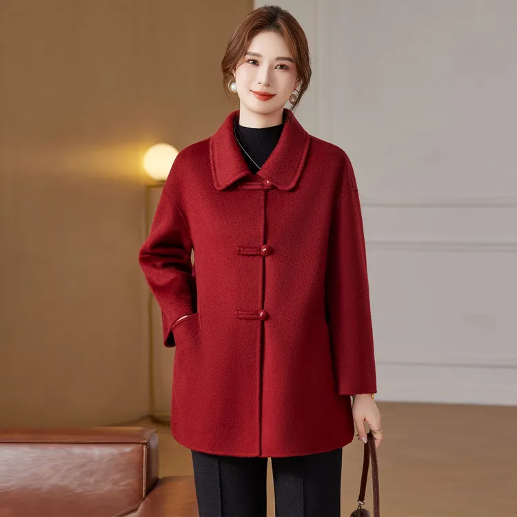 贵夫人妈妈洋气外套12月份喜婆婆服装高端婚宴礼服冬装双面羊毛呢