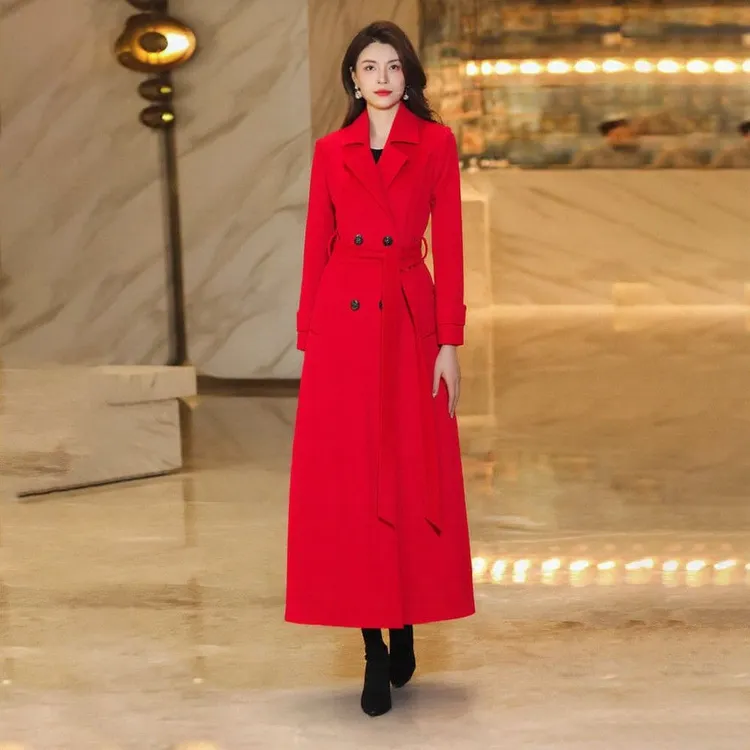 2025红色毛呢外套呢大衣长款大衣气质时尚秋冬新款修身显瘦过膝