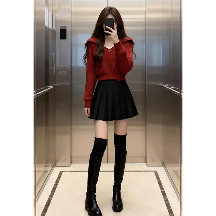 秋冬搭配一整套韩系穿搭慵懒气质红色针织毛衣高腰半身裙两件套装