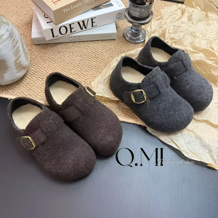 Q.MI时尚内增高勃肯鞋单鞋女厚底加绒保暖新款毛毛鞋女外穿毛呢
