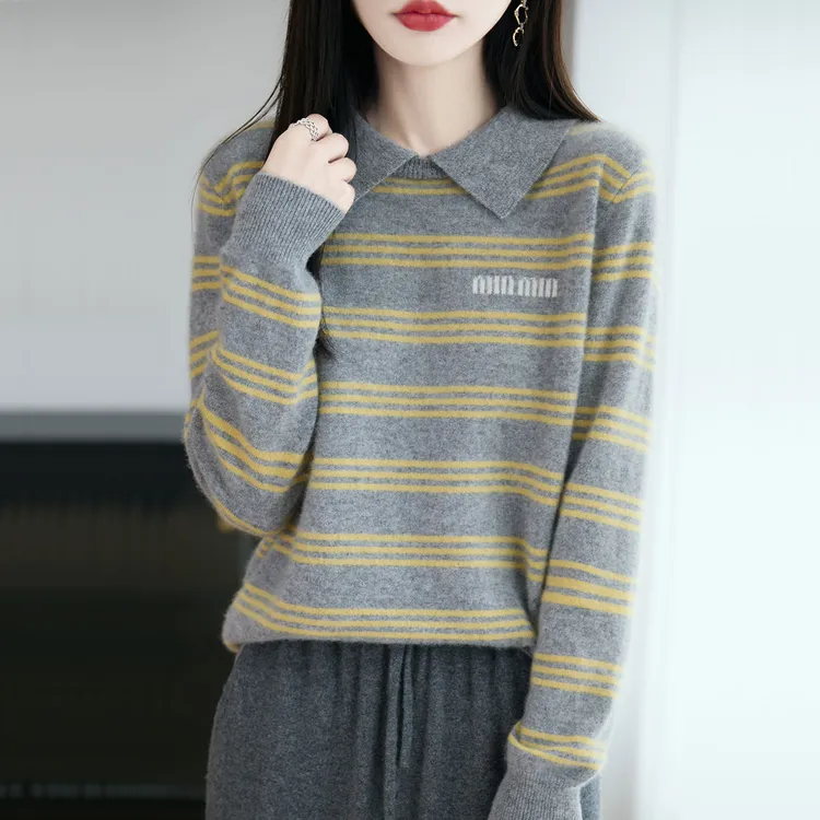 秋冬新款翻领羊毛衫女士毛衣拼色气质百搭时尚条纹长袖针织打底衫