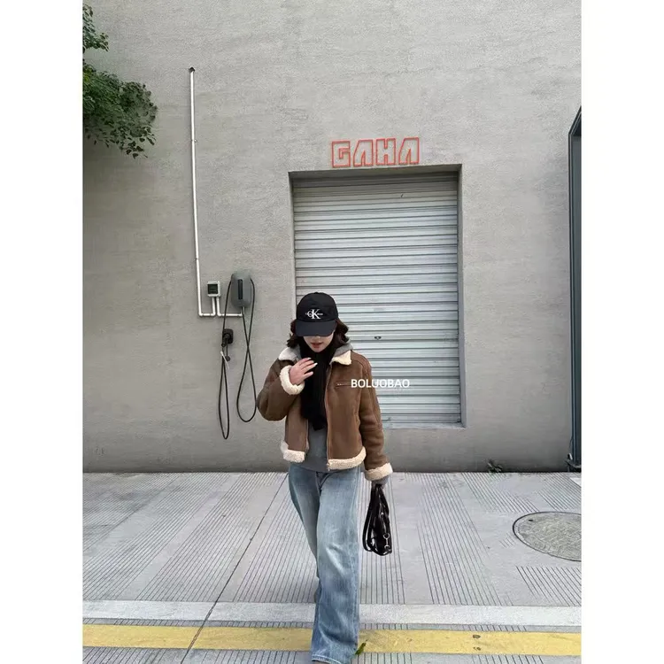 BOLUOBAO 糖炒栗子 麂皮绒皮毛一体夹克外套