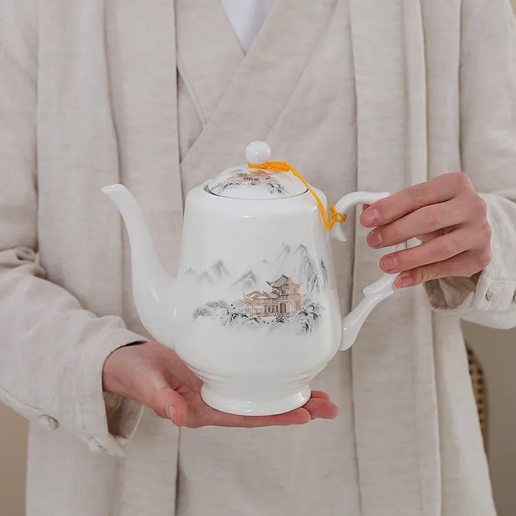 羊脂玉白瓷带过滤内胆大容量茶壶家用冷凉热水壶茶具套装提梁壶