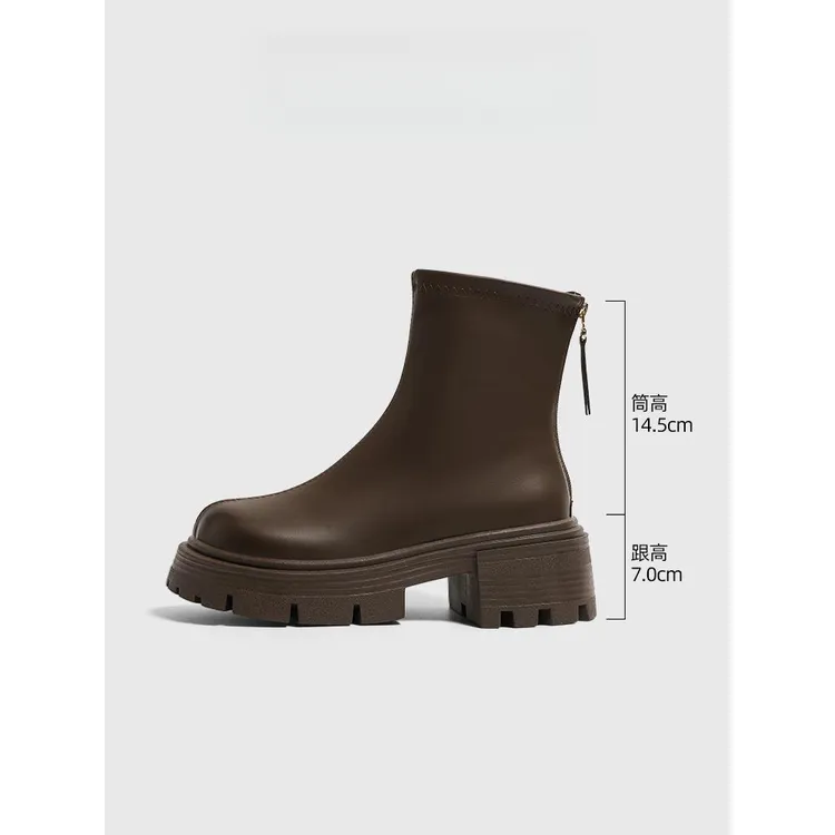 加绒厚底马丁靴女款2025秋季新款黑色增高靴子女时尚休闲皮面