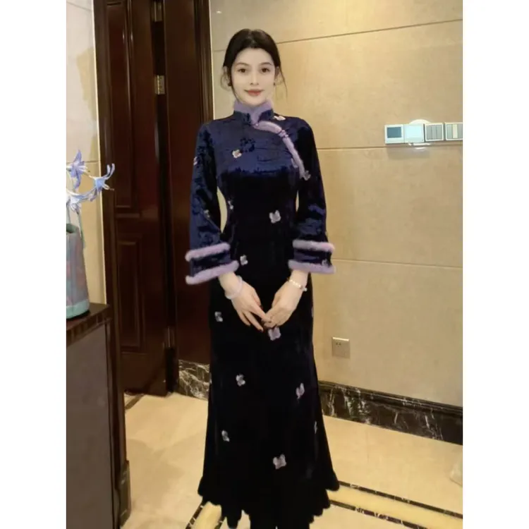 球球夫人丨兰因）120cm冬季加绒黑色长袖单层后拉链气质修身旗袍