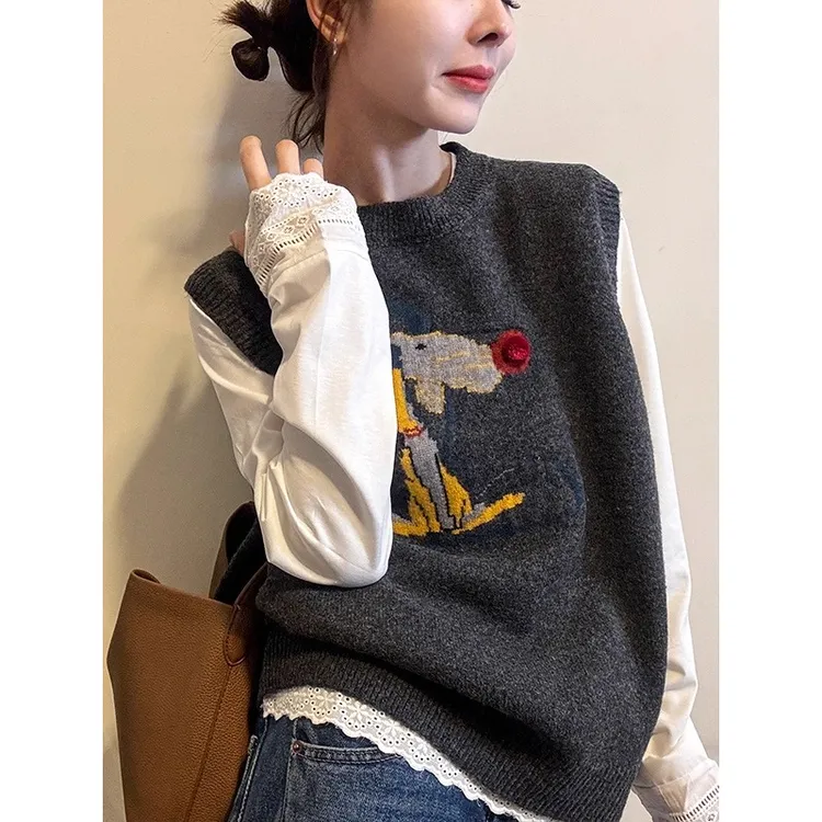 韩版慵懒风小狗提花针织无袖马甲女秋冬季叠穿减龄百搭通勤背心潮