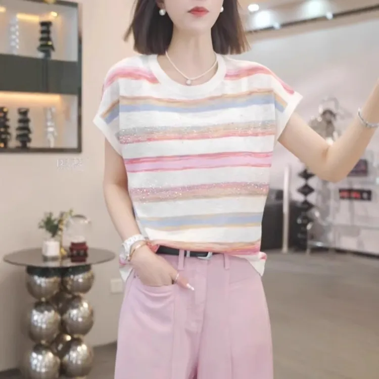 宽松休闲显瘦减龄上衣2025夏季胖MM大码女装高级感条纹短袖针织衫