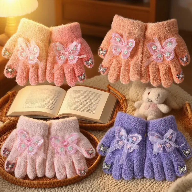 儿童加绒蝴蝶冬季防寒保暖男女童宝宝学生写字卡通可爱五指手套