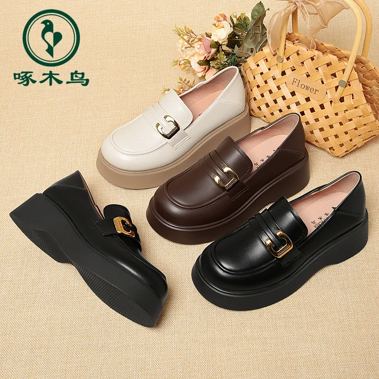 【啄木鸟】秋季新款厚底软底乐福鞋英伦风小皮鞋轻便百搭女士单鞋