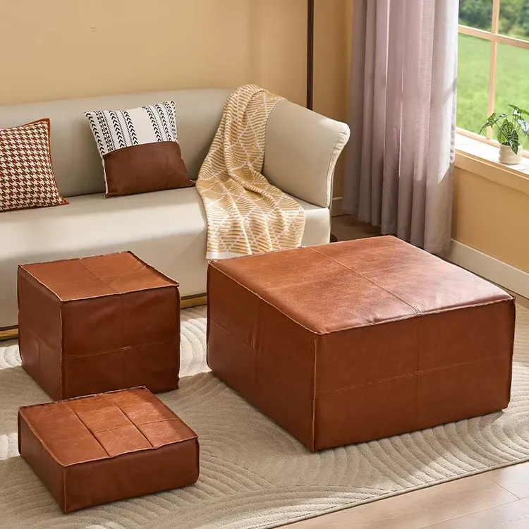 轻奢皮墩榻榻米地上坐垫客厅家用坐墩创意油蜡皮蒲团坐垫飘窗坐垫