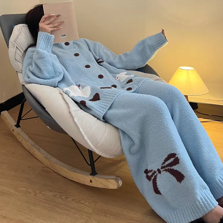 韩系甜美可爱针织半边绒加厚睡衣女秋冬新款大码休闲家居服两件套