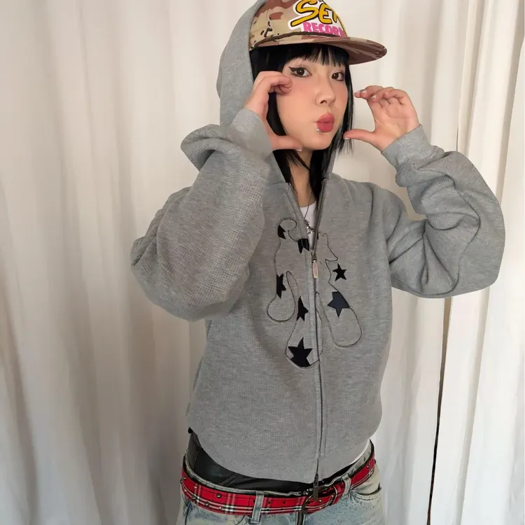 local aliens外星沙龙美式复古华夫格拉链卫衣兔耳朵刺绣短外套