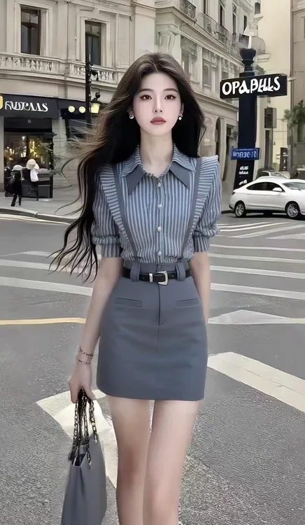 时尚新款休闲风OL条纹灰色短袖衬衫上衣+灰色包臀百搭半身裙套装
