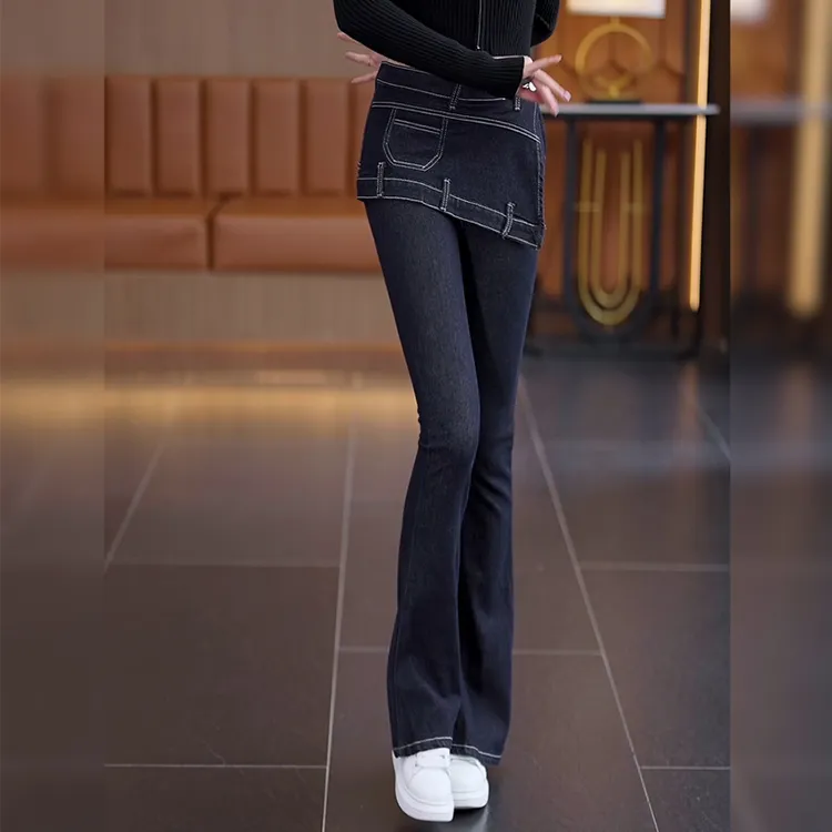 修身弹力显瘦2025春秋新款高腰美式辣妹假两件长裤微喇叭牛仔裤