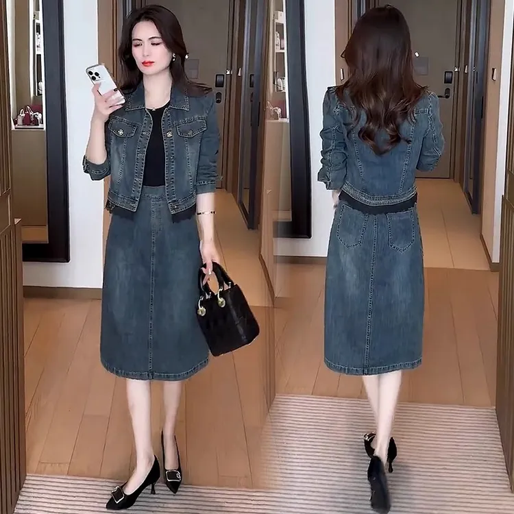 时尚牛仔裙套装女2025春季新款洋气显瘦休闲牛仔外套连衣裙两件套