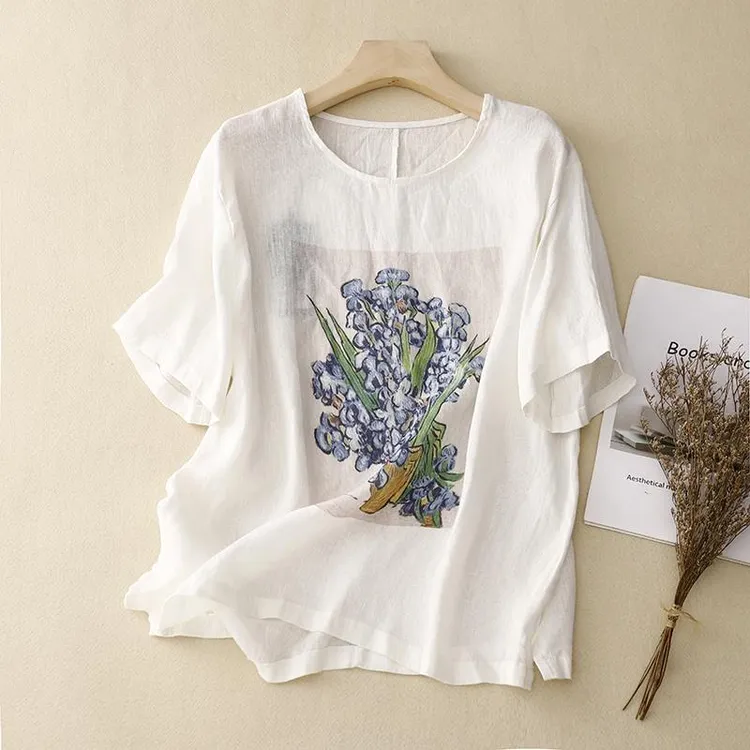 哥弟阿玛施正品外贸出口日单清仓棉嘛短袖t恤女夏季大码洋气小衫