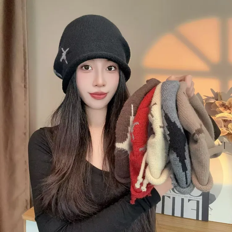 2025新款卷边抽绳堆堆帽显脸小针织秋冬保暖护耳朵女冷帽包头帽