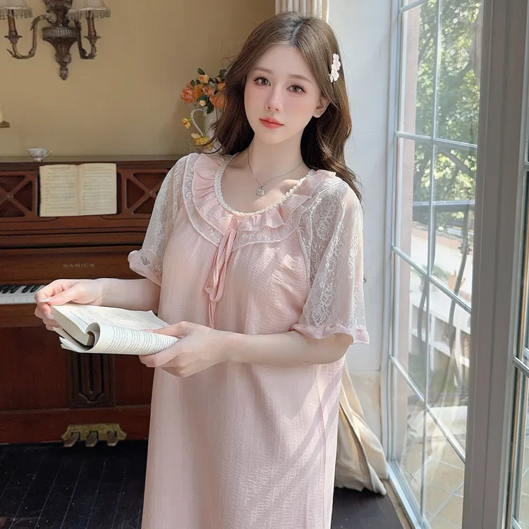 夏季睡裙女款带胸垫法式甜美公主风亲肤蕾丝2025款夏天睡衣中长款