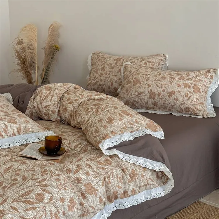 2025秋冬新款A类汉麻亚麻皱皱纱印花四件套