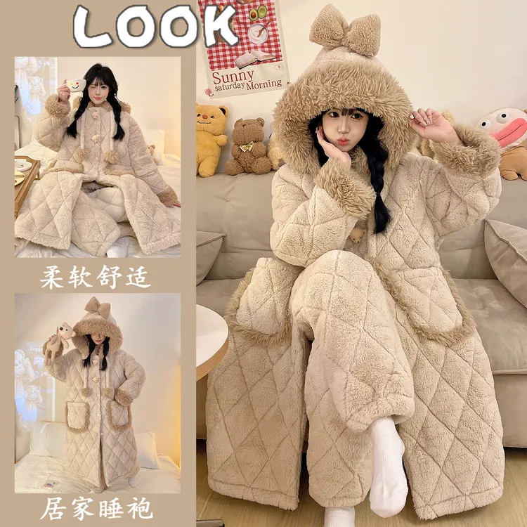睡衣女冬季加厚加绒睡袍2025新款法兰绒三层夹棉珊瑚绒家居服套装