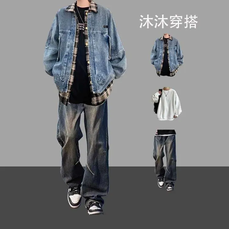 美式复古假两件格子牛仔外套男生春秋潮流休闲夹克搭配牛仔裤套装