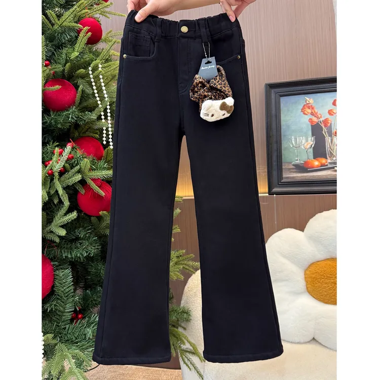 【年款~送豹纹发圈】女童加绒弹力牛仔裤简约黑色喇叭裤3455