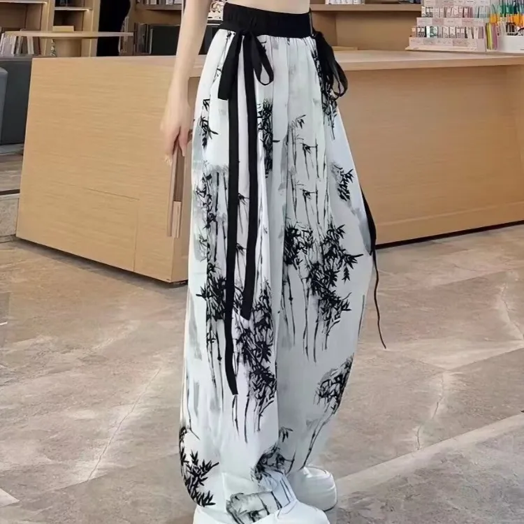 %聚酯纤维薄款冰雪纺阔腿裤夏季显瘦飘带国风垂感直筒裤夏季宽气