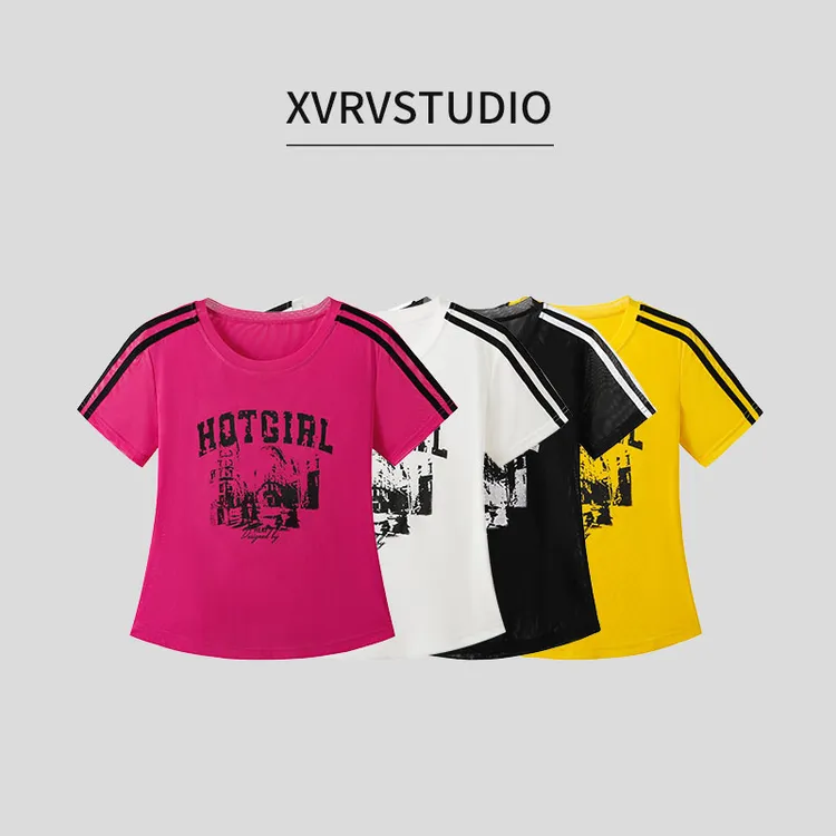 XVRV夏季2025新款网纱冰感条纹印花短袖女显瘦运动跑步健身上衣
