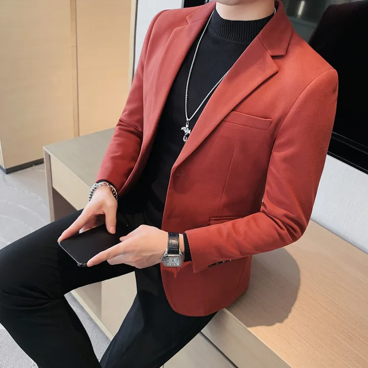 秋冬新款加厚呢子面料休闲修身痞帅百搭单排扣西服外套小西装男士