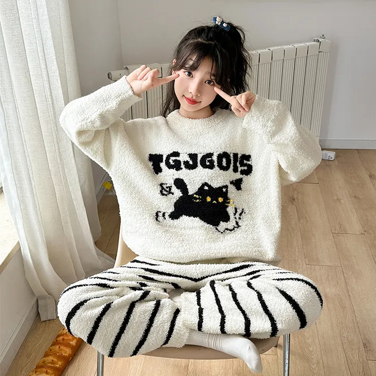 女童半边绒睡衣加绒加厚可爱超萌8-16女大童儿童家居服珊瑚绒套装