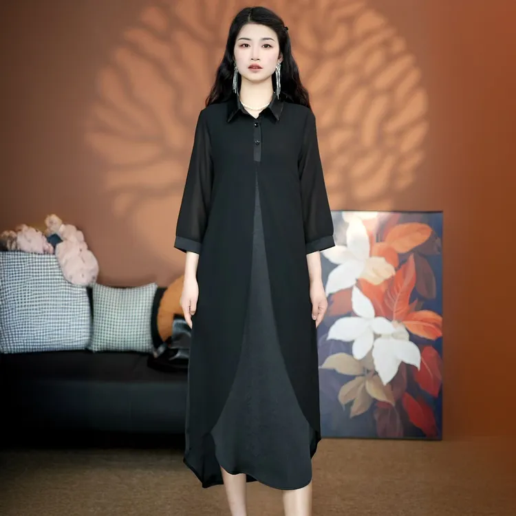 春季新款衬衫领设计洋气连衣裙遮肉显瘦假两件中老年大码连衣裙