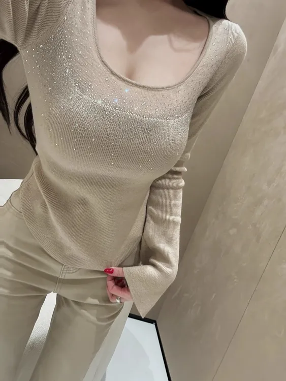 【美奈星光】6-8运补韩版百搭烫钻针织衫女冬打底衫上衣」