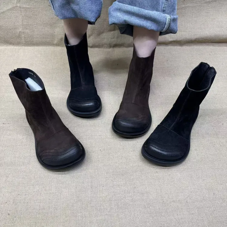 2507A5秋季新款低跟休闲风女靴高筒圆头复古休闲日常通用女靴