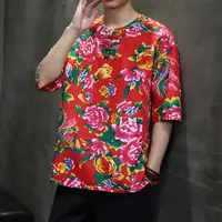 中国风短袖T恤男装民族风东北大花上衣宽松大码胖子半袖花衣服夏