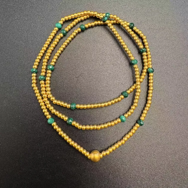 足金999古法工艺绿三圈两戴黄金手串