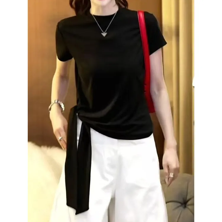 2025夏季新款休闲风气质收腰显瘦纯色圆领洋气百搭简约短袖T恤女